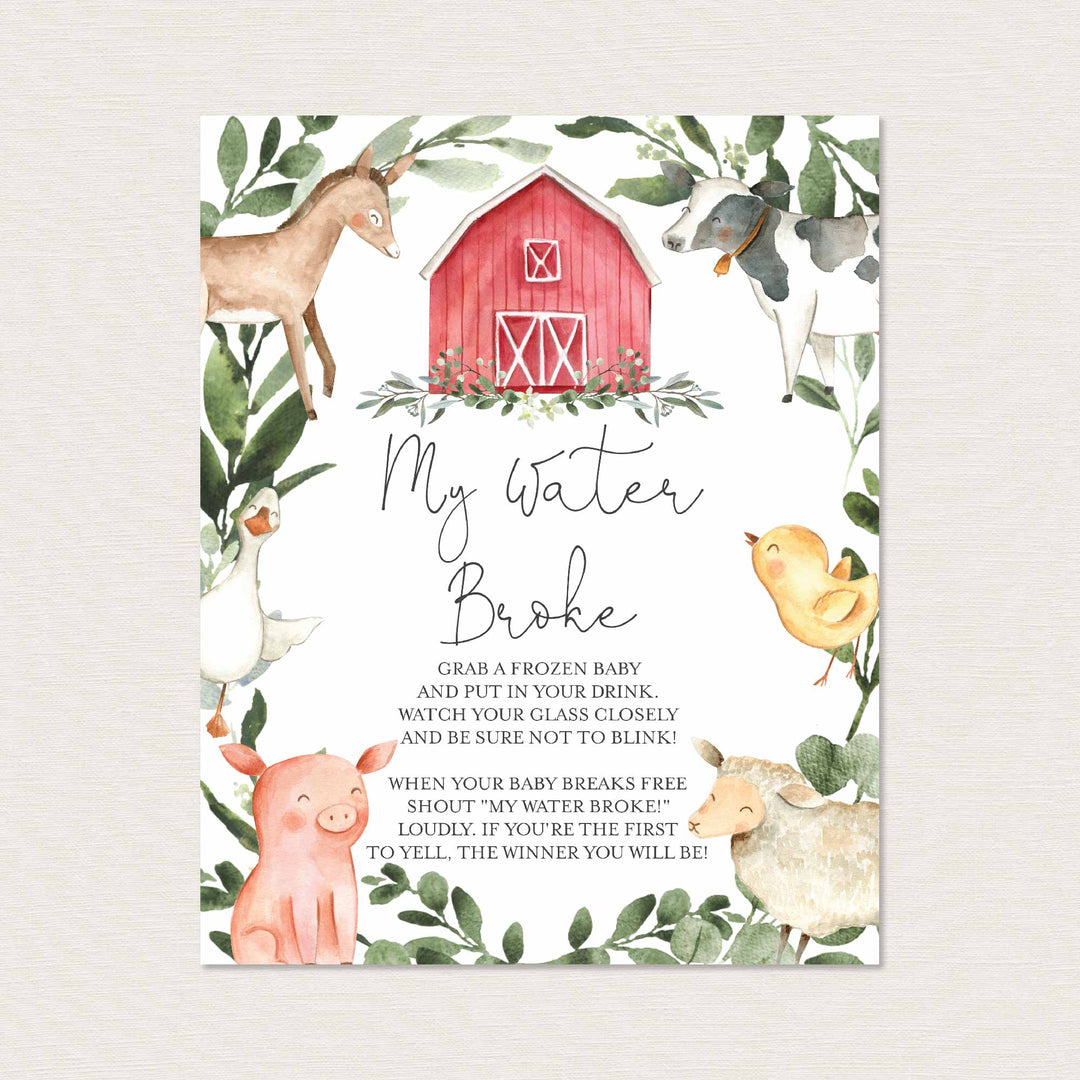 On The Farm Baby Shower My Water Broke Game Printable