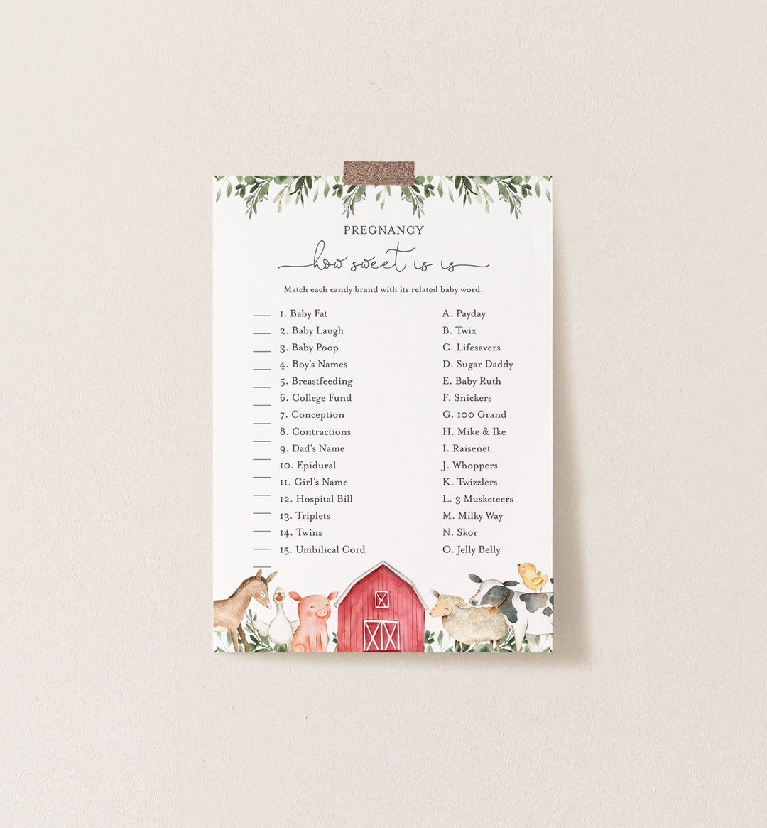 On The Farm Baby Shower Pregnancy How Sweet It Is Game Printable