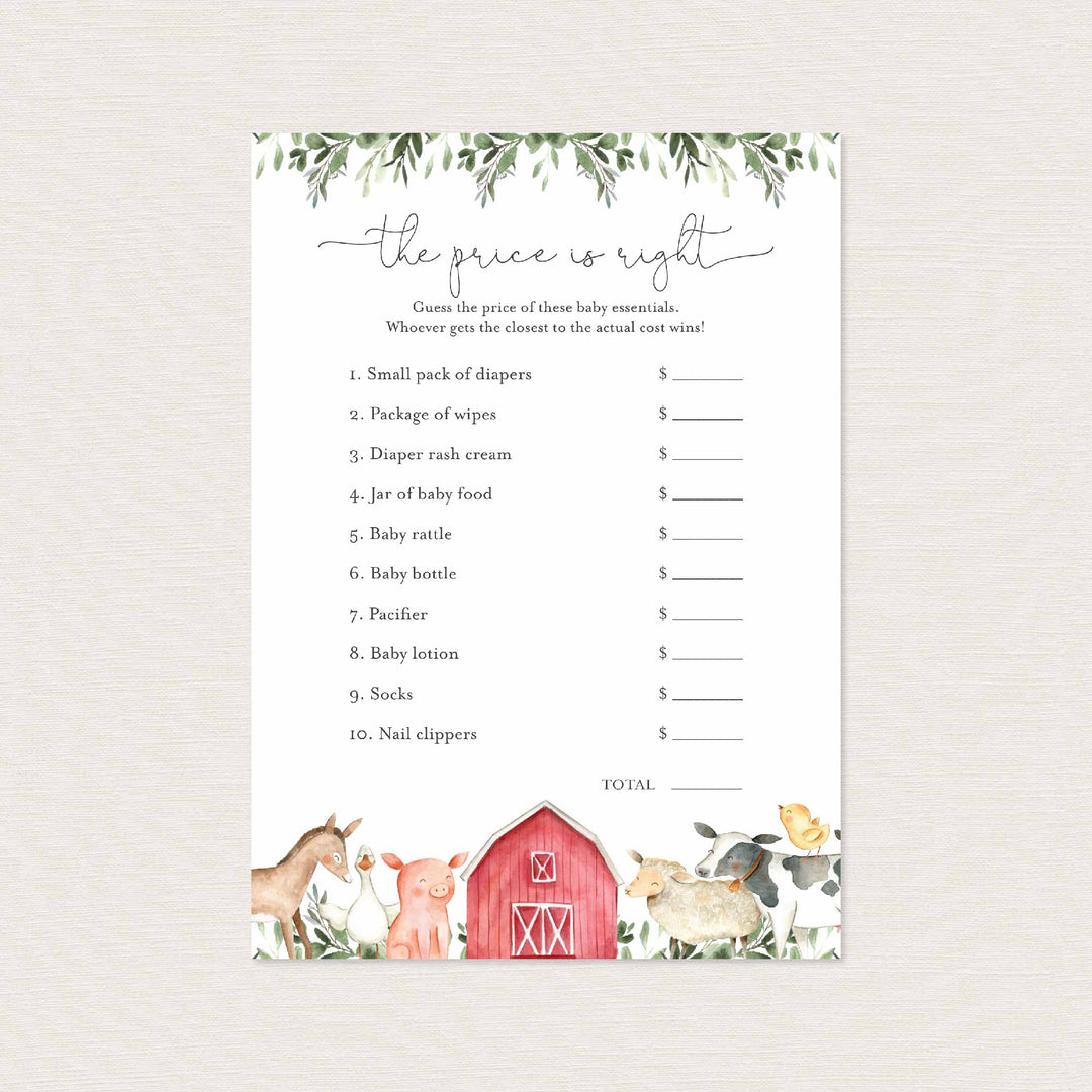 On The Farm Baby Shower The Price Is Right Game Printable