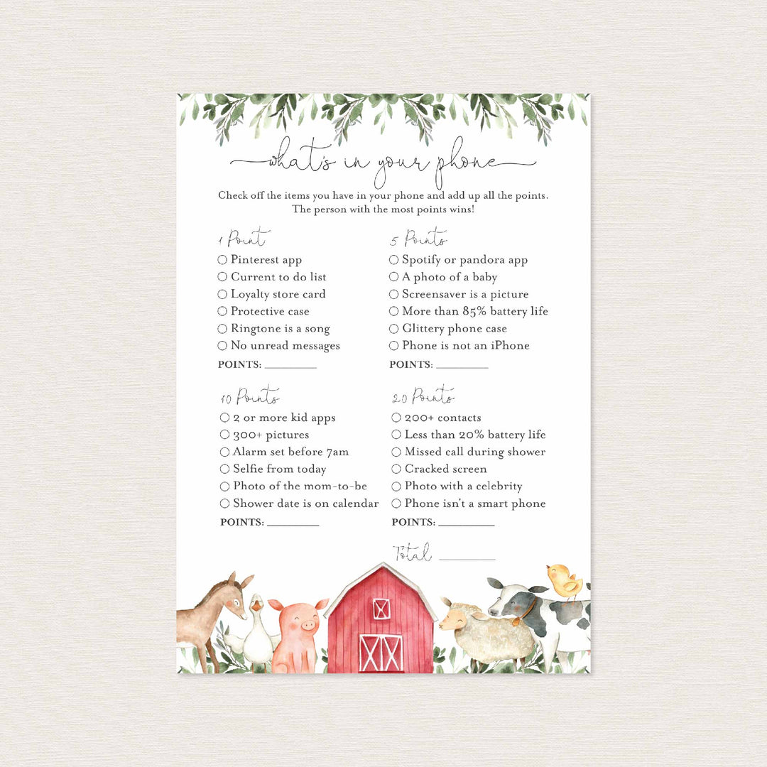 On The Farm Baby Shower What's In Your Phone Game Printable
