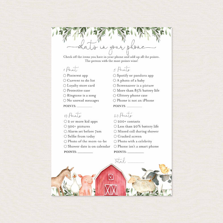 On The Farm Baby Shower What's In Your Phone Game Printable