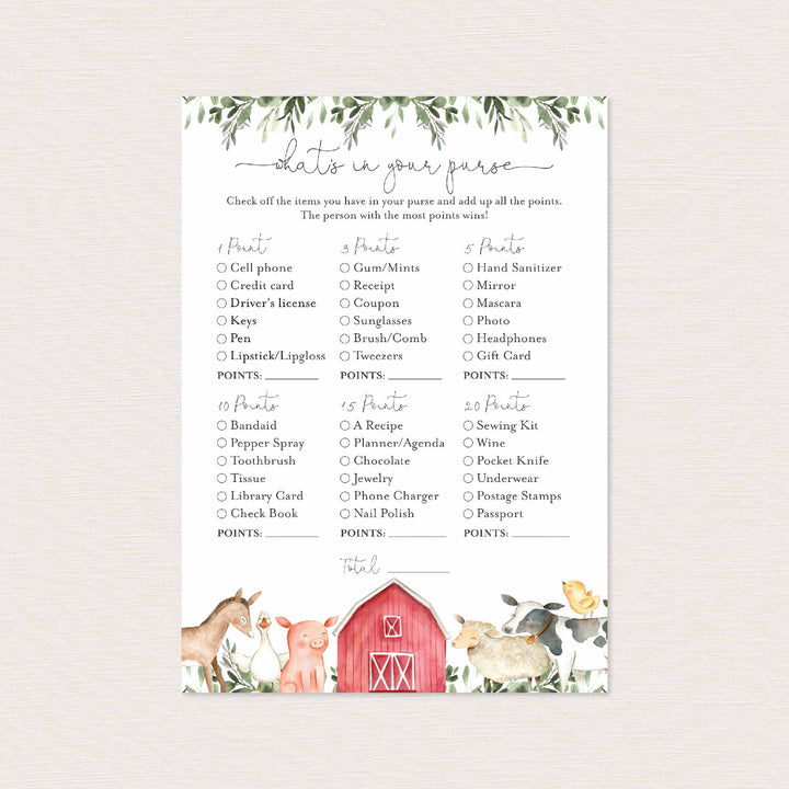 On The Farm Baby Shower What's In Your Purse Game Printable