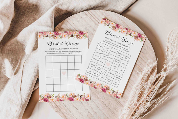 Pink Floral Bridal Shower Bingo Game Printable