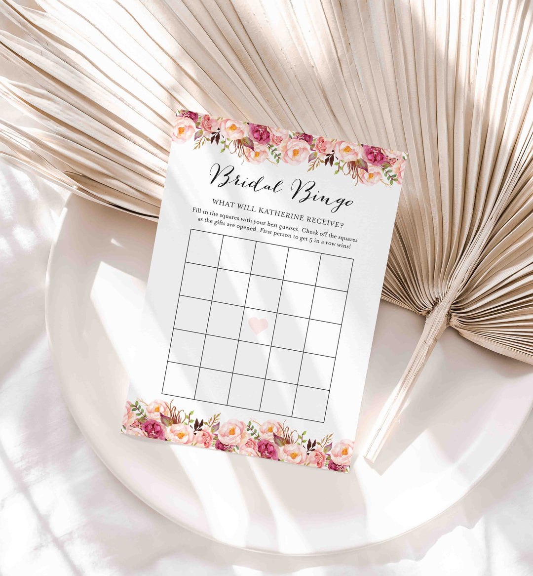 Pink Floral Bridal Shower Bingo Game Printable