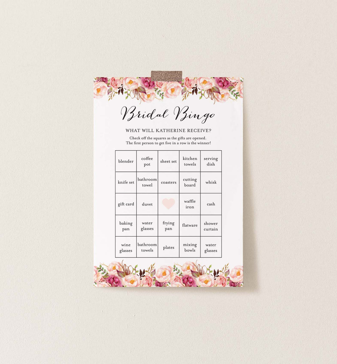 Pink Floral Bridal Shower Bingo Game Printable