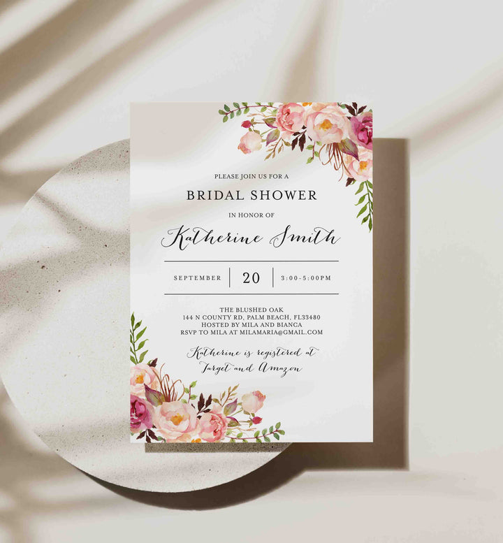 Pink Floral Bridal Shower Invitation Printable