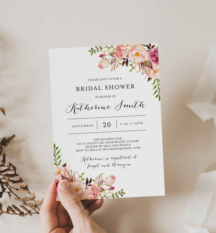 Pink Floral Bridal Shower Invitation Printable