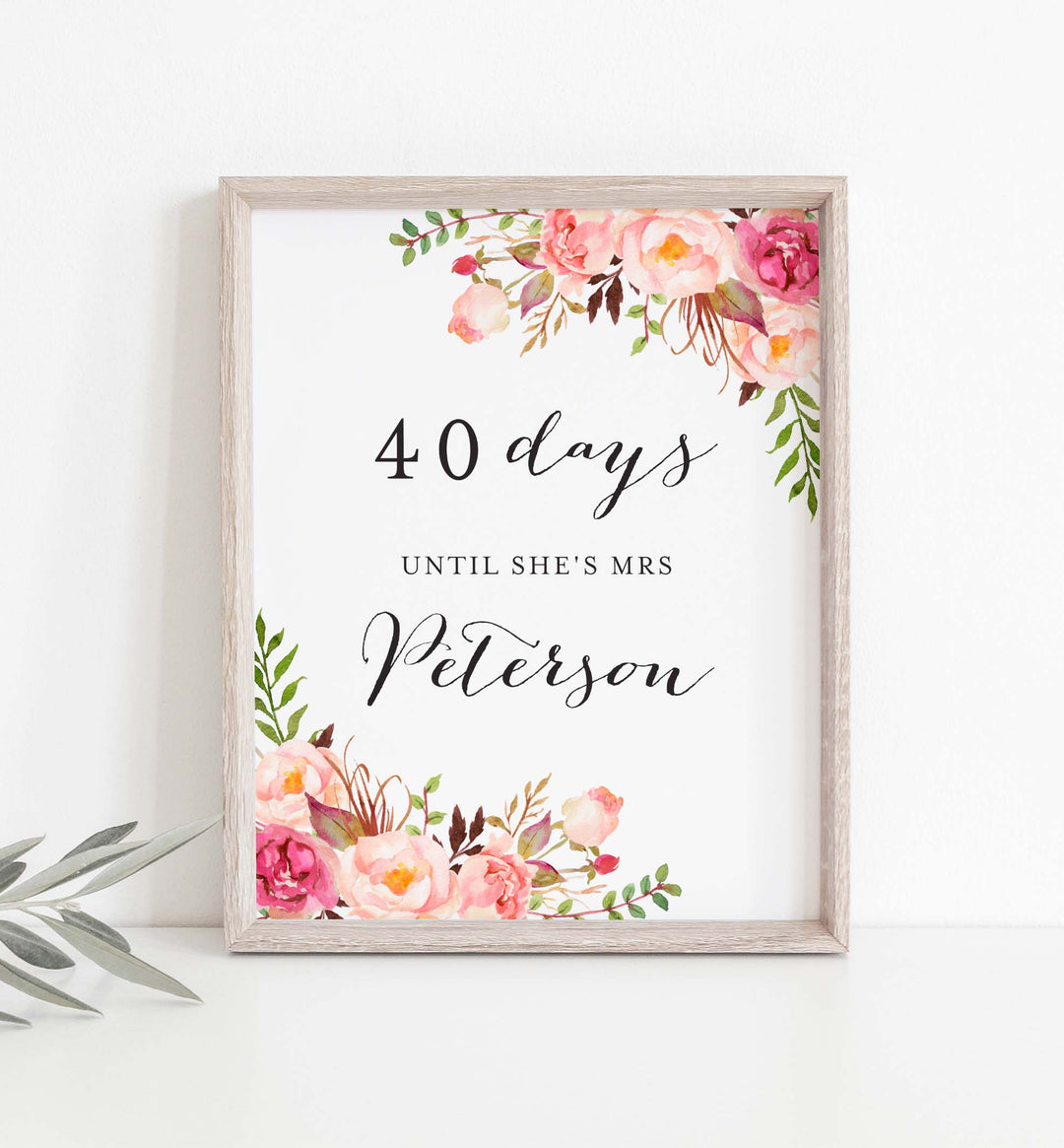 Pink Floral Bridal Shower Days Until Mrs Sign Printable