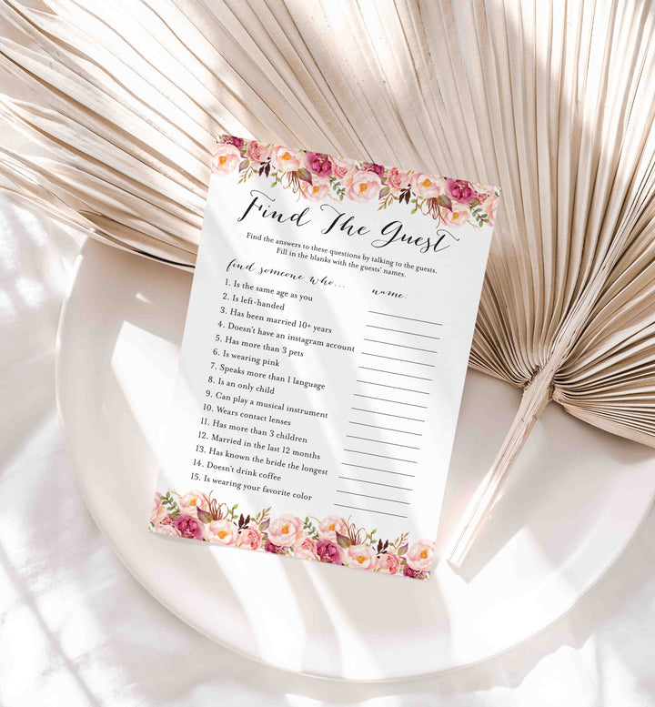 Pink Floral Bridal Shower Find The Guest Game Printable