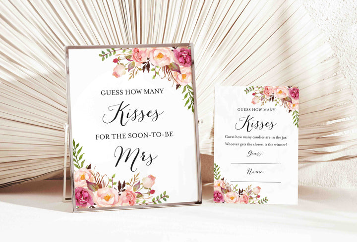 Pink Floral Bridal Shower Guess How Many Kisses Game Printable