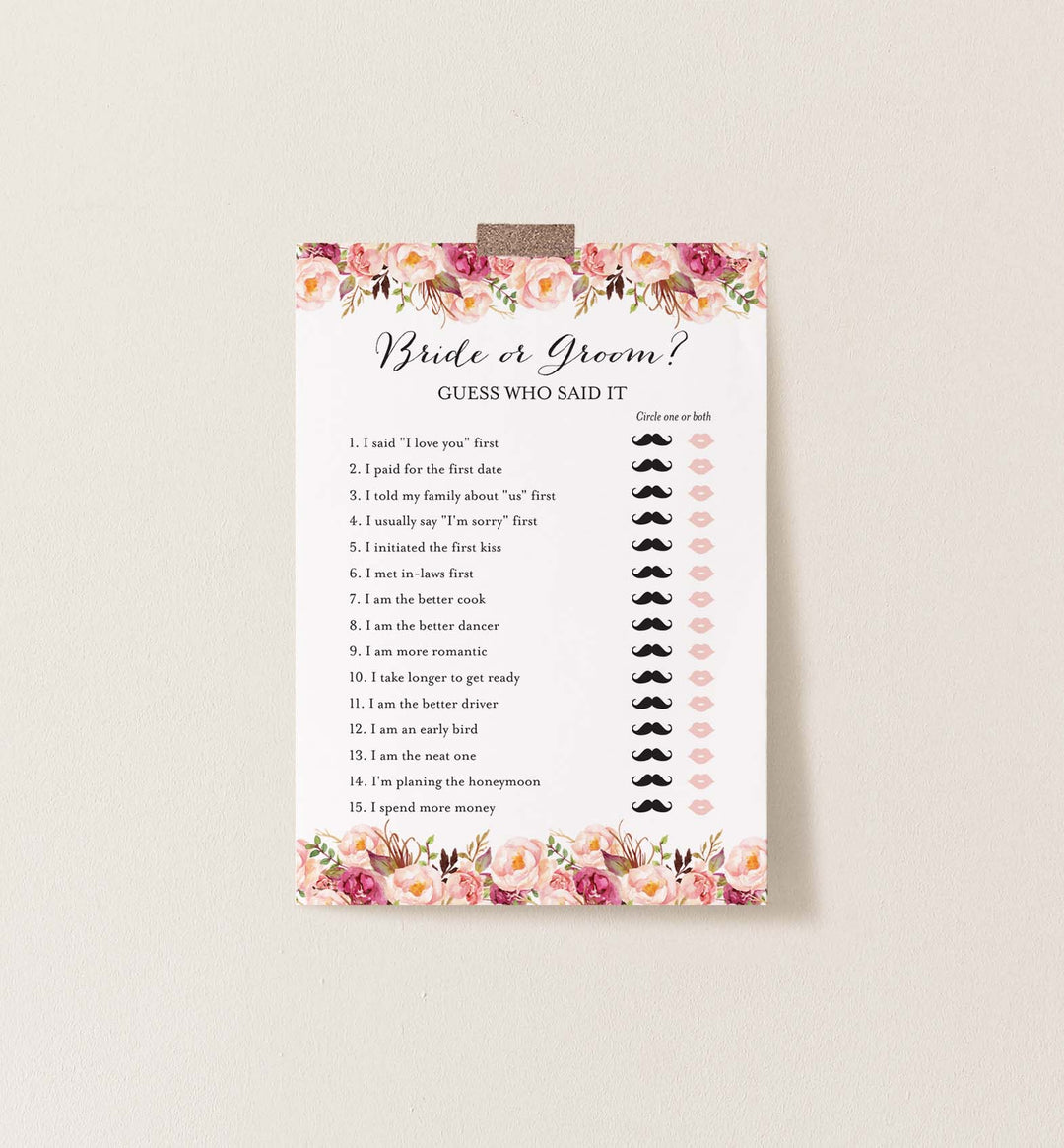 Pink Floral Bridal Shower He Said She Said Game Printable