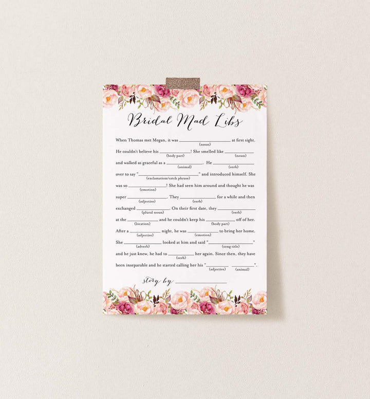 Pink Floral Bridal Shower Mad Libs Game Printable