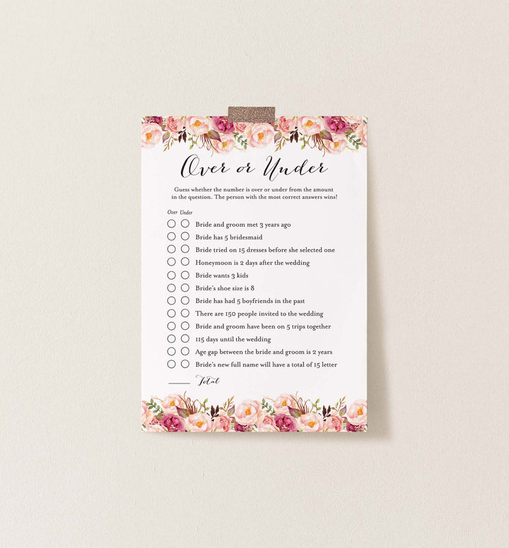 Pink Floral Bridal Shower Over or Under Game Printable