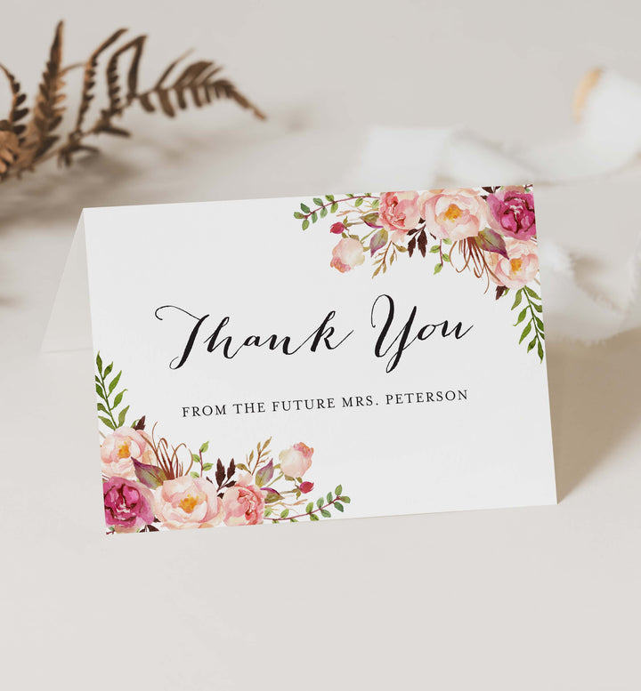 Pink Floral Bridal Shower Thank You Card Printable