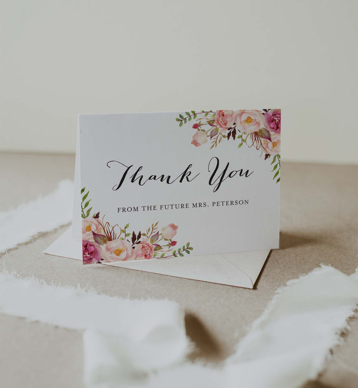 Pink Floral Bridal Shower Thank You Card Printable