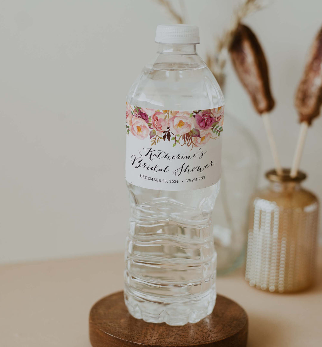 Pink Floral Bridal Shower Water Bottle Label Printable