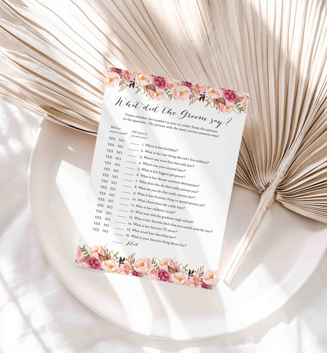 Pink Floral Bridal Shower What Did The Groom Say Game Printable