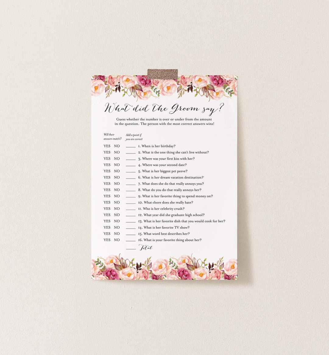 Pink Floral Bridal Shower What Did The Groom Say Game Printable