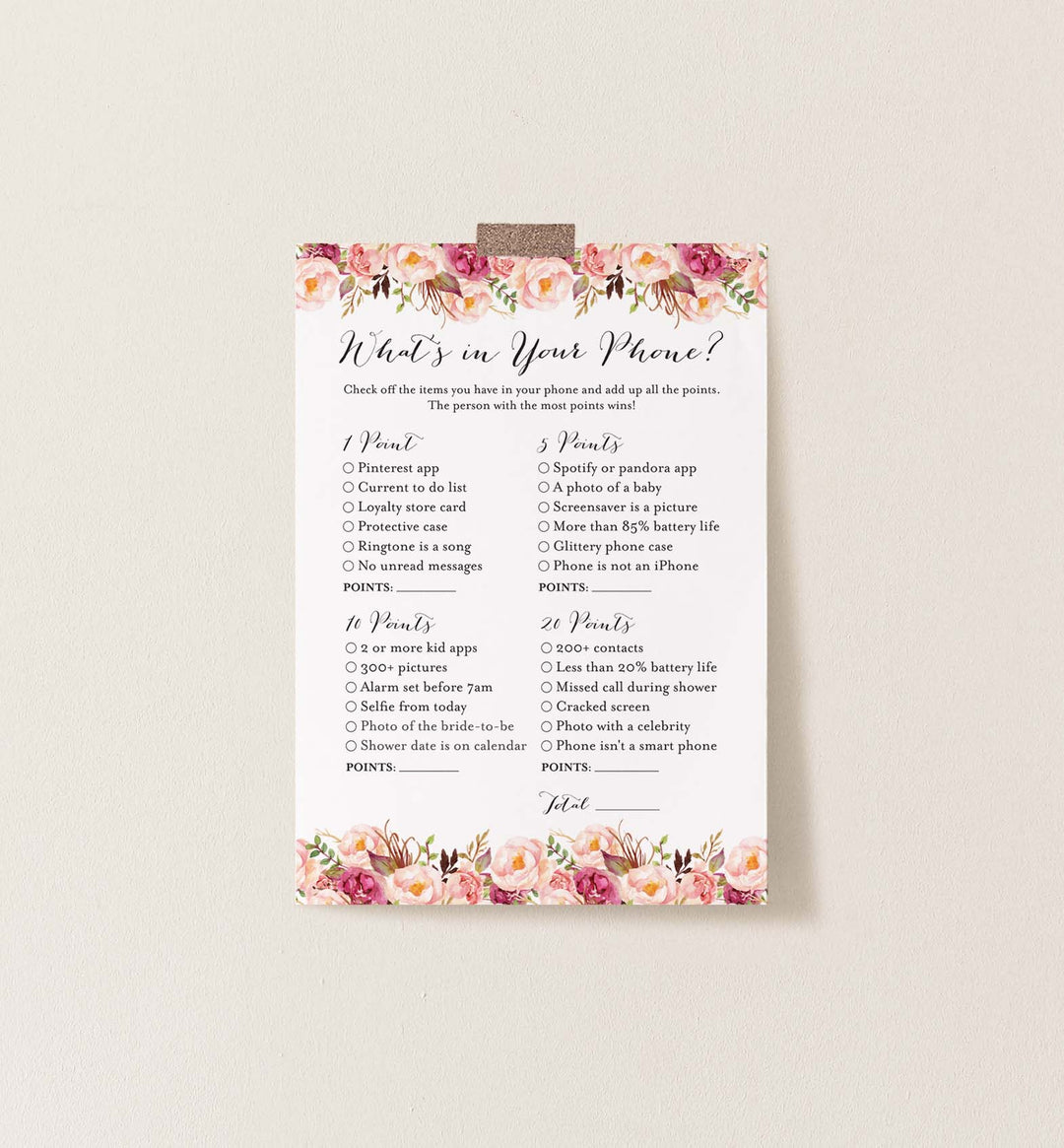 Pink Floral Bridal Shower What's In Your Phone Game Printable