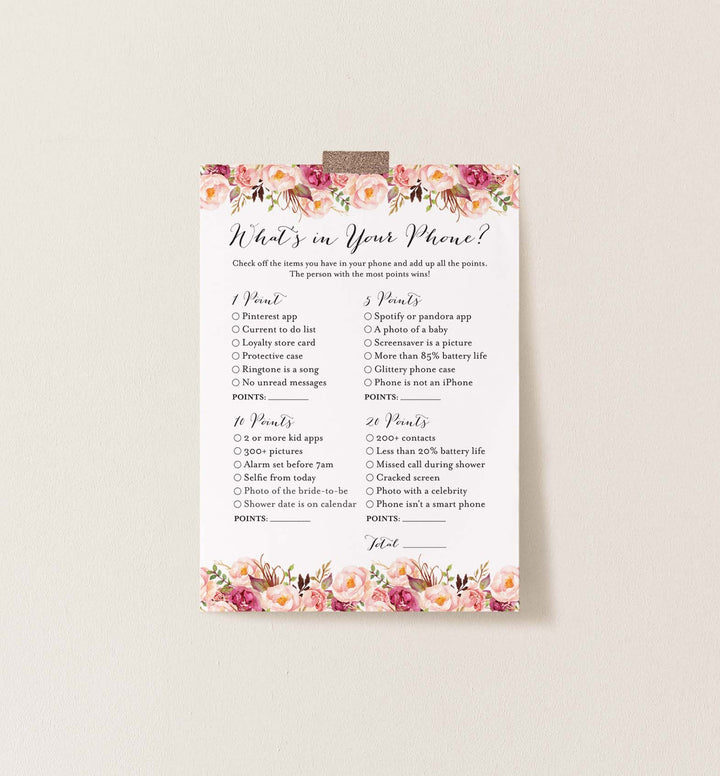 Pink Floral Bridal Shower What's In Your Phone Game Printable