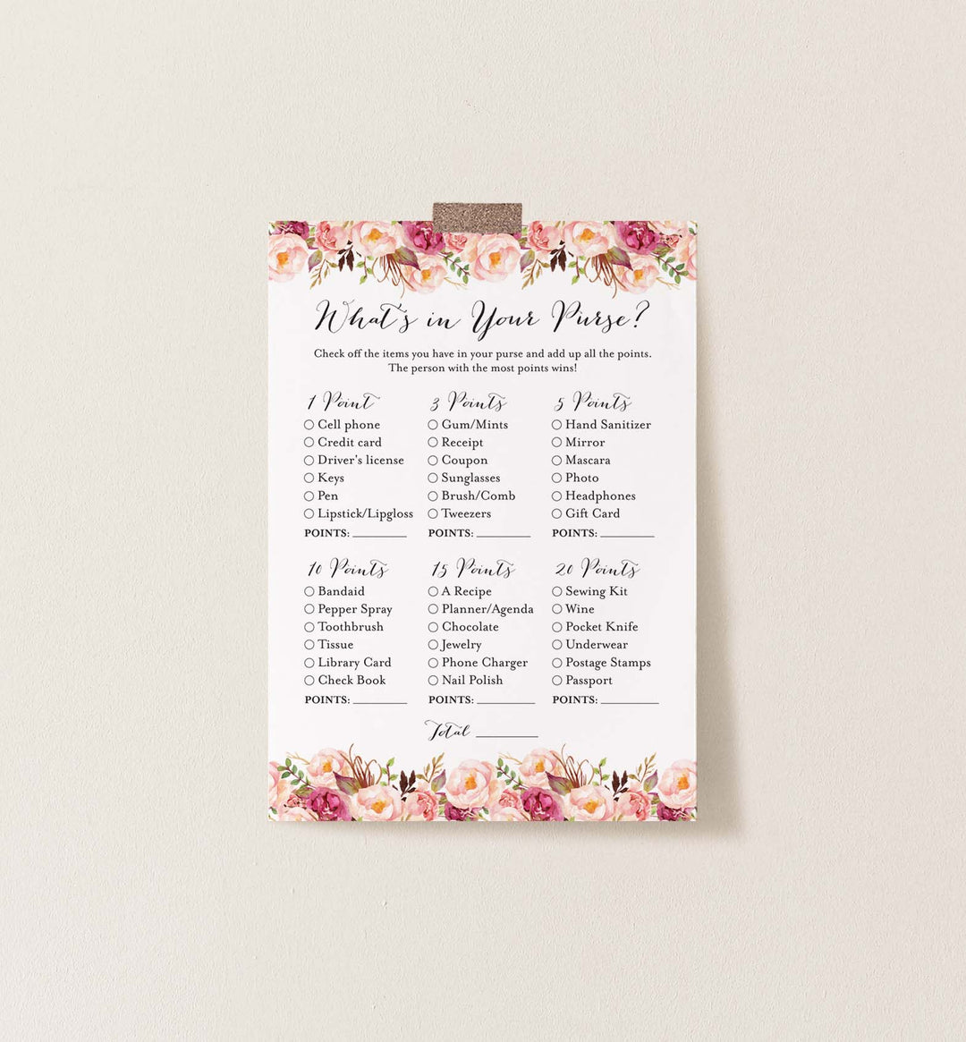 Pink Floral Bridal Shower What's In Your Purse Game Printable