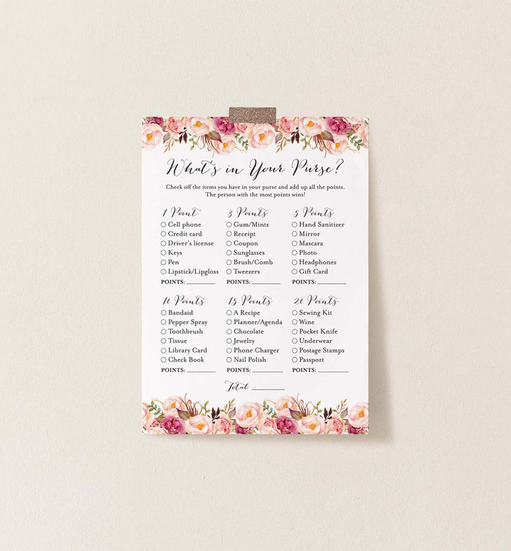 Pink Floral Bridal Shower What's In Your Purse Game Printable