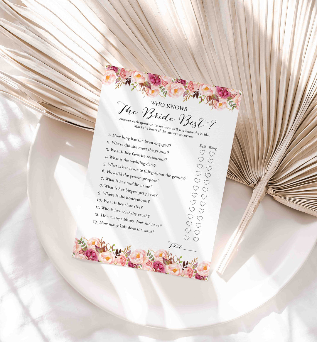 Pink Floral Bridal Shower Who Knows The Bride Best Game Printable