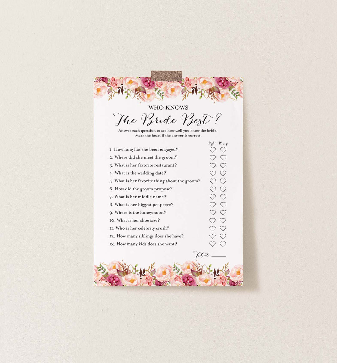 Pink Floral Bridal Shower Who Knows The Bride Best Game Printable