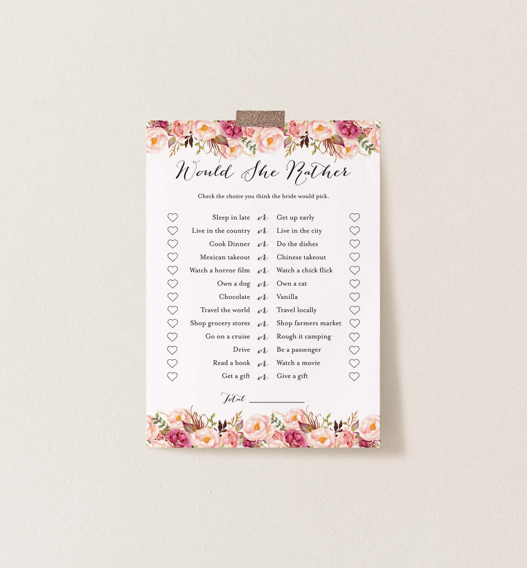 Pink Floral Bridal Shower Would She Rather Game Printable