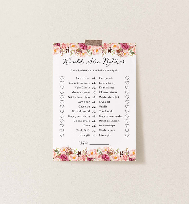 Pink Floral Bridal Shower Would She Rather Game Printable