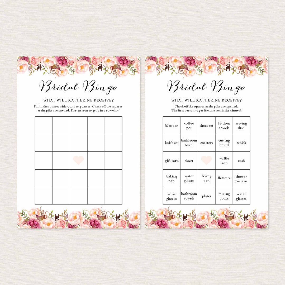 Pink Floral Bridal Shower Bingo Game Printable