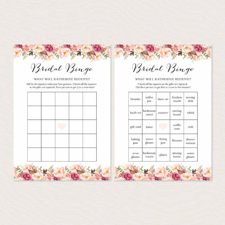 Pink Floral Bridal Shower Bingo Game Printable