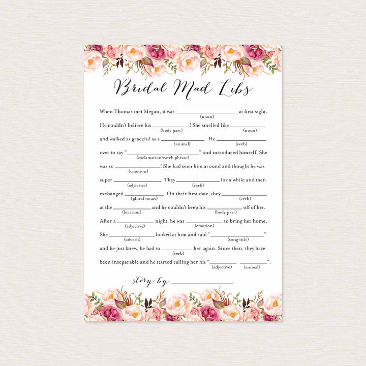 Pink Floral Bridal Shower Mad Libs Game Printable