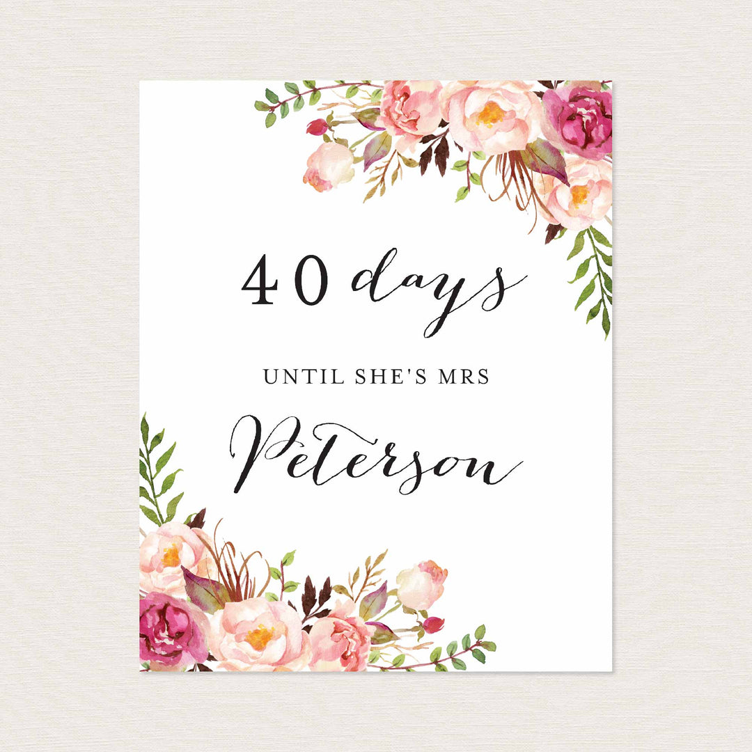 Pink Floral Bridal Shower Days Until Mrs Sign Printable