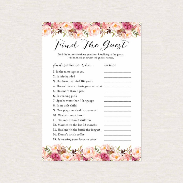 Pink Floral Bridal Shower Find The Guest Game Printable