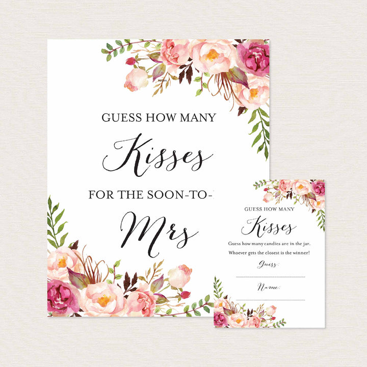 Pink Floral Bridal Shower Guess How Many Kisses Game Printable