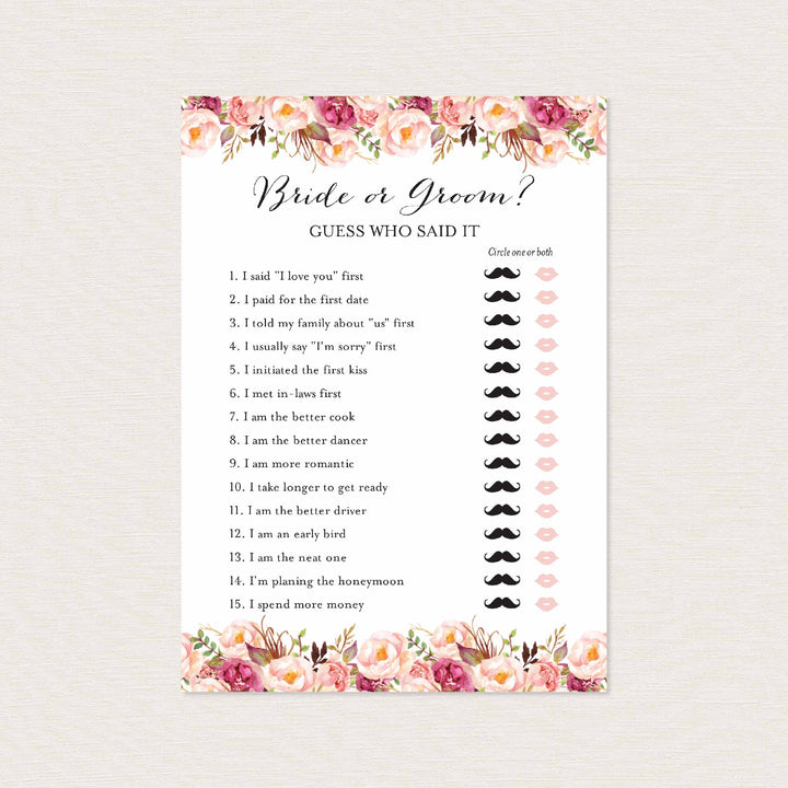 Pink Floral Bridal Shower He Said She Said Game Printable