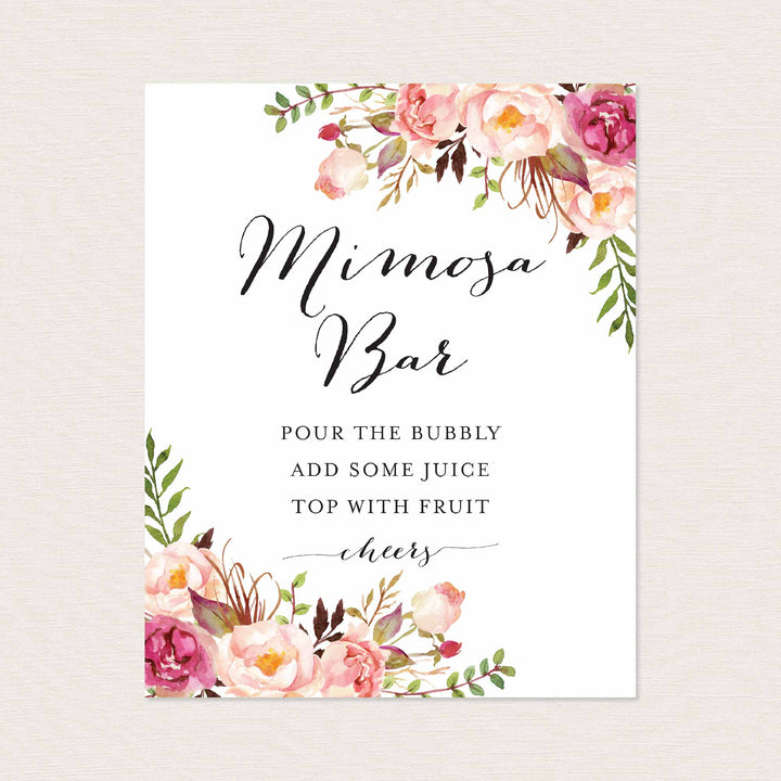 Pink Floral Bridal Shower Mimosa Bar Sign Printable