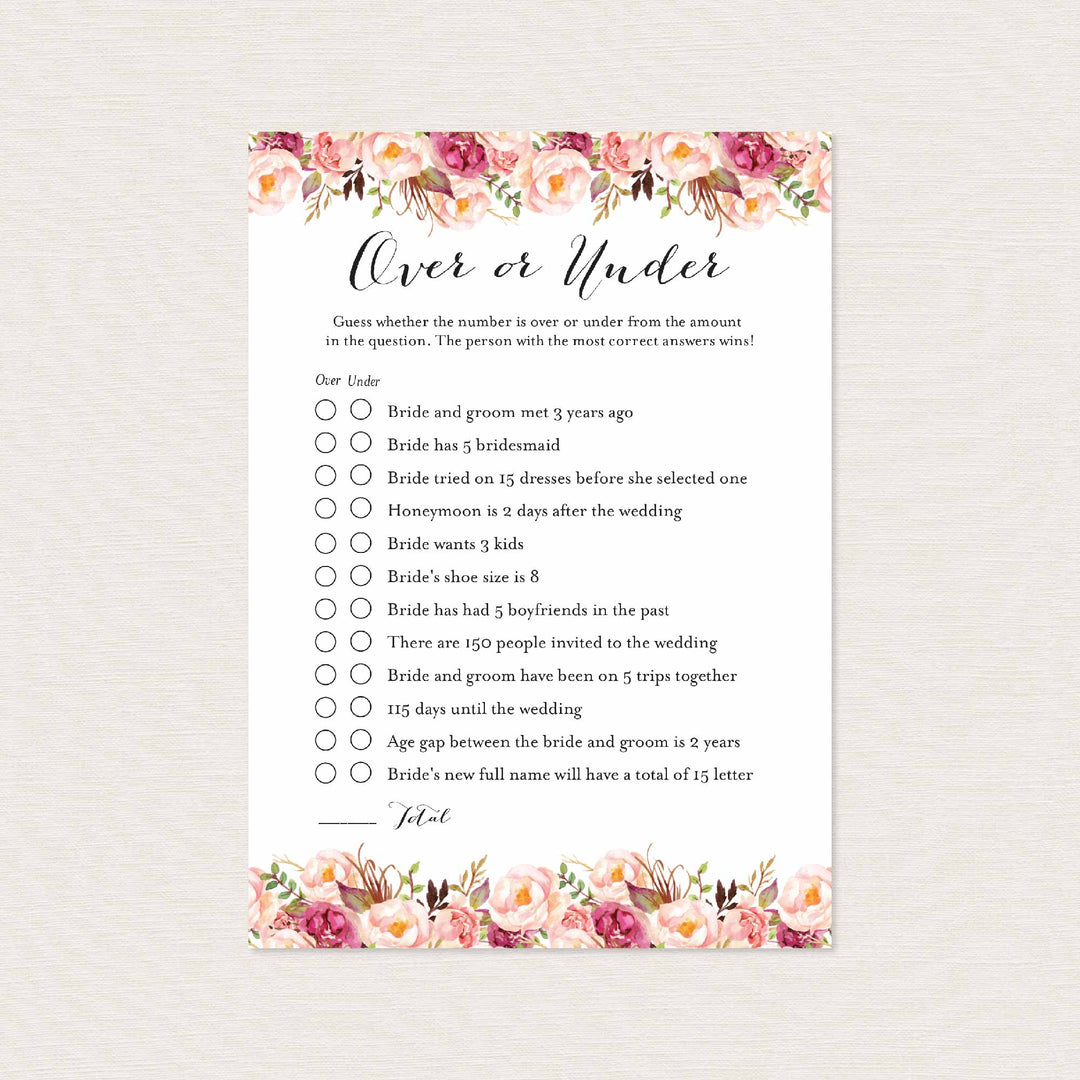 Pink Floral Bridal Shower Over or Under Game Printable