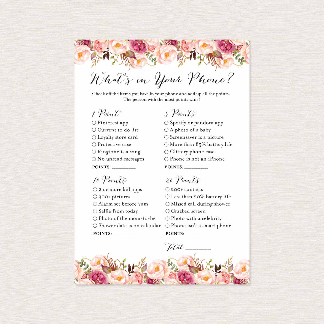 Pink Floral Bridal Shower What's In Your Phone Game Printable