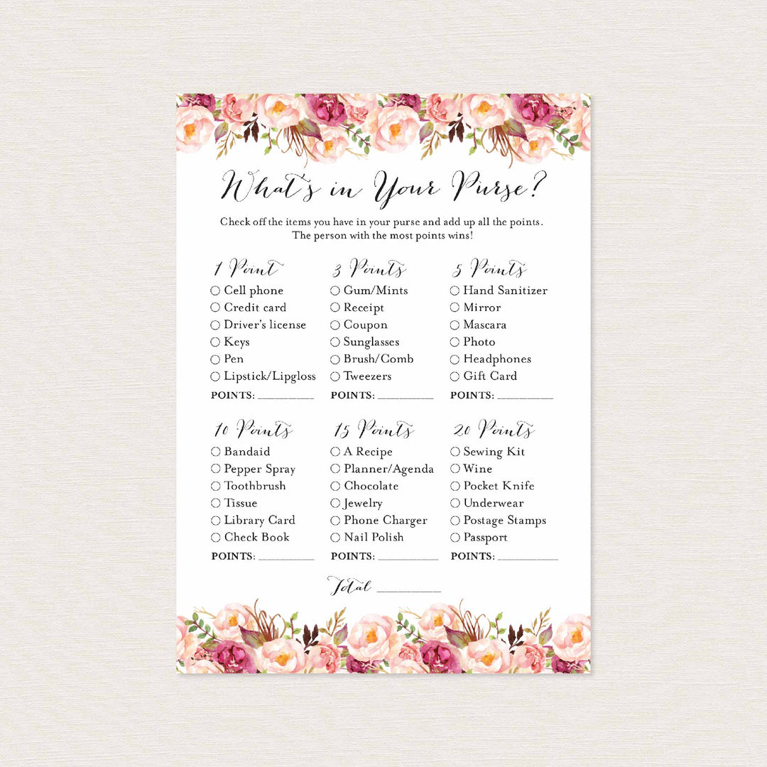 Pink Floral Bridal Shower What's In Your Purse Game Printable