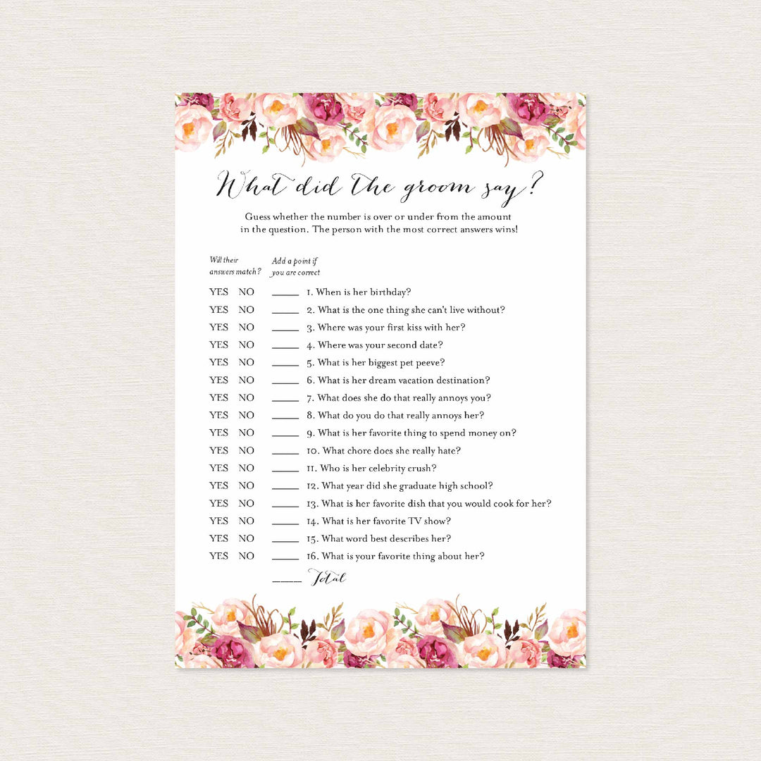 Pink Floral Bridal Shower What Did The Groom Say Game Printable