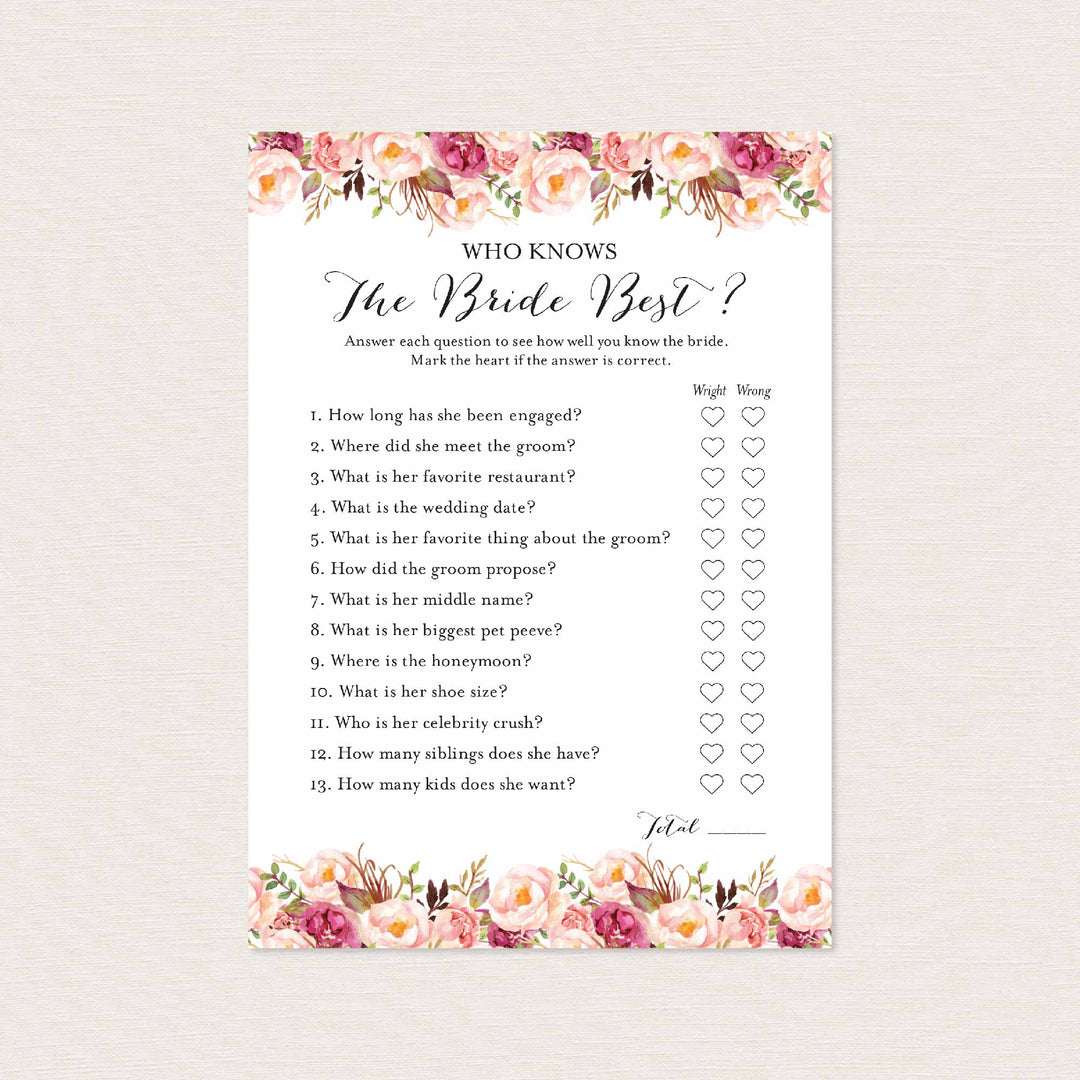 Pink Floral Bridal Shower Who Knows The Bride Best Game Printable