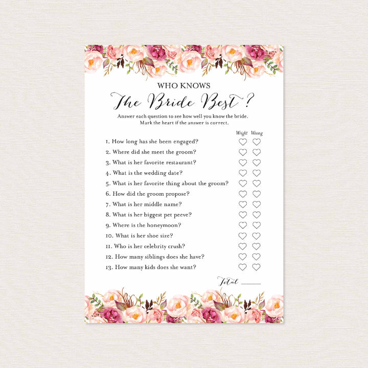 Pink Floral Bridal Shower Who Knows The Bride Best Game Printable