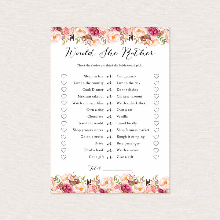 Pink Floral Bridal Shower Would She Rather Game Printable