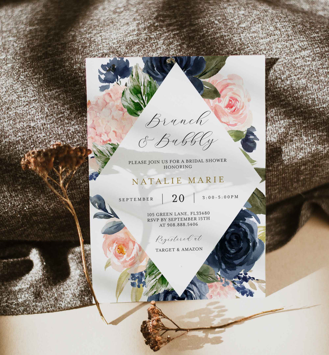 Navy Blush Bridal Brunch Invitation Printable