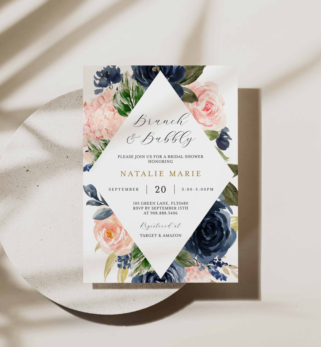 Navy Blush Bridal Brunch Invitation Printable