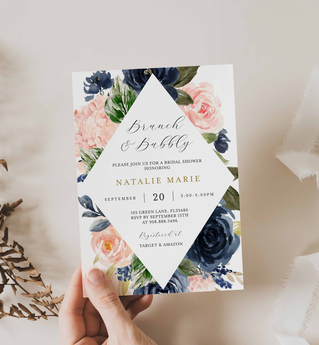 Navy Blush Bridal Brunch Invitation Printable