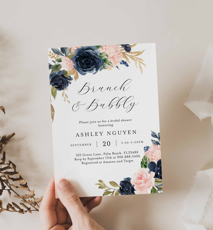 Navy Blush Bridal Brunch Invitation Printable