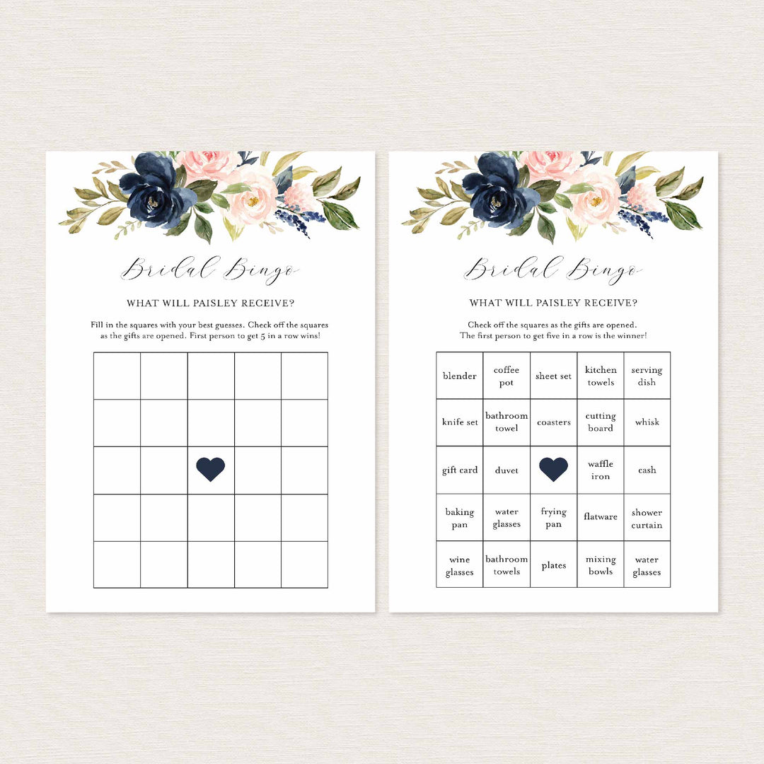 Navy Blush Bridal Shower Bingo Game Printable